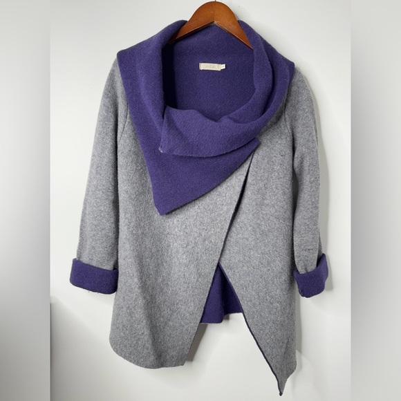 A. Ida Wool Blend Gray and Purple Lagelook Asymmetrical Cardigan Sweater - Picture 1 of 12